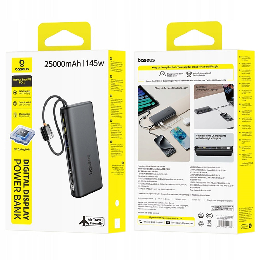 Batería Externa Baseus EnerFill FC41, 25000mAh, 145W, QC + PD, 1 x USB-A - 3 x USB-C, Negra E0028H03
