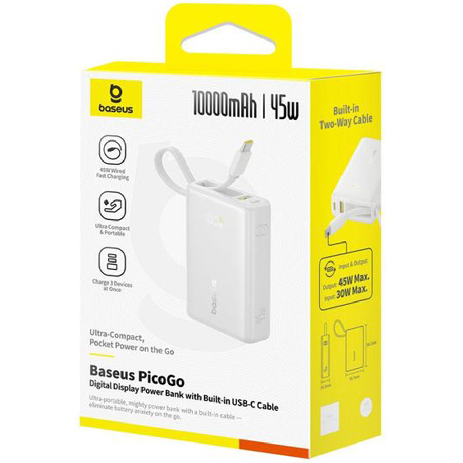 Batería Externa Baseus PicoGo, 10000mAh, 45W, QC + PD, 1 x USB-A - 2 x USB-C, Blanca P10076803213-00
