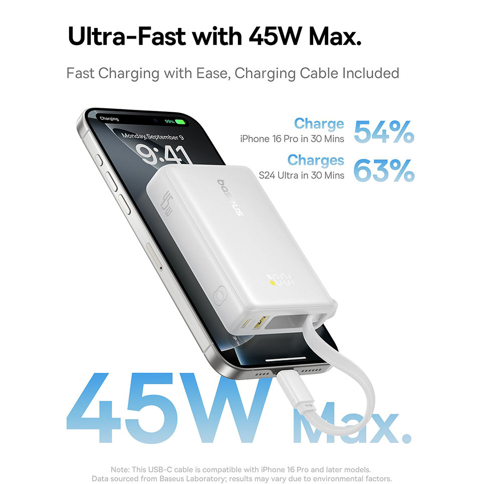 Batería Externa Baseus PicoGo, 10000mAh, 45W, QC + PD, 1 x USB-A - 2 x USB-C, Blanca P10076803213-00