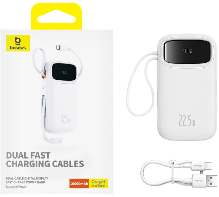 Batería Externa Baseus Qpow2, 10000mAh, 22.5W, QC + PD, 1 x Lightning - 1 x USB-A - 2 x USB-C, Blanca P10055003223-00