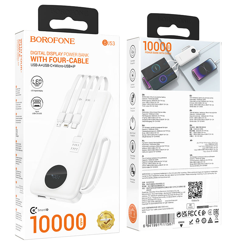 Batería externa Borofone BJ53 Power, 10000mAh, 10W, 1 x Lightning - 1 x microUSB - 1 x USB-A - 1 x USB-C, Blanco