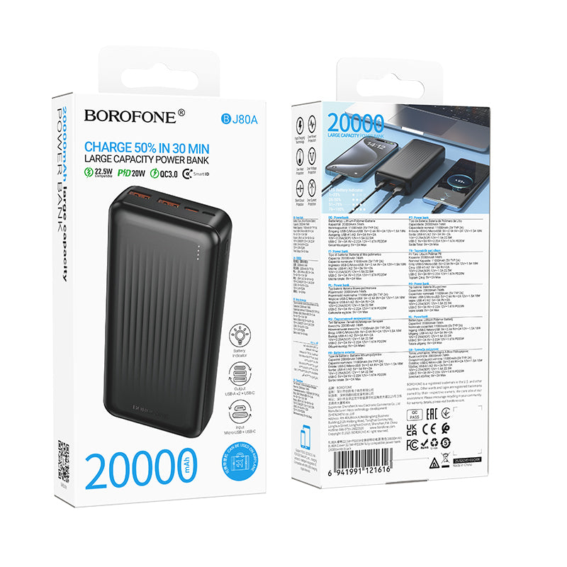 Batería Externa Borofone BJ80A Clever, 20000mAh, 22.5W, QC + PD, 1 x USB-C - 2 x USB-A, Negra