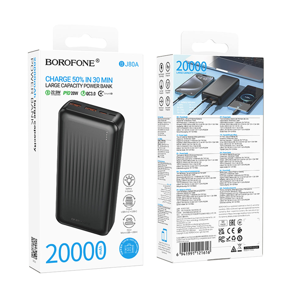 Batería Externa Borofone BJ80A Clever, 20000mAh, 22.5W, QC + PD, 1 x USB-C - 2 x USB-A, Negra