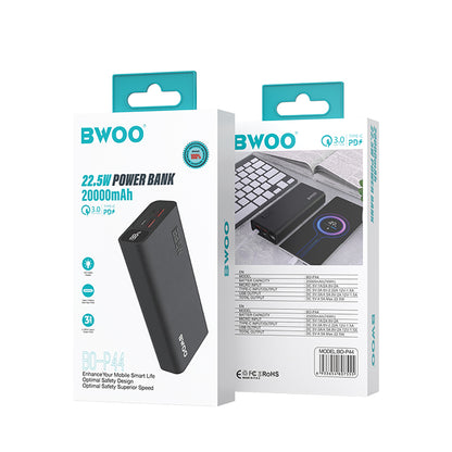 Batería Externa BWOO BO-P44, 20000mAh, 22.5W, QC + PD, 1 x USB-C - 2 x USB-A, Negra