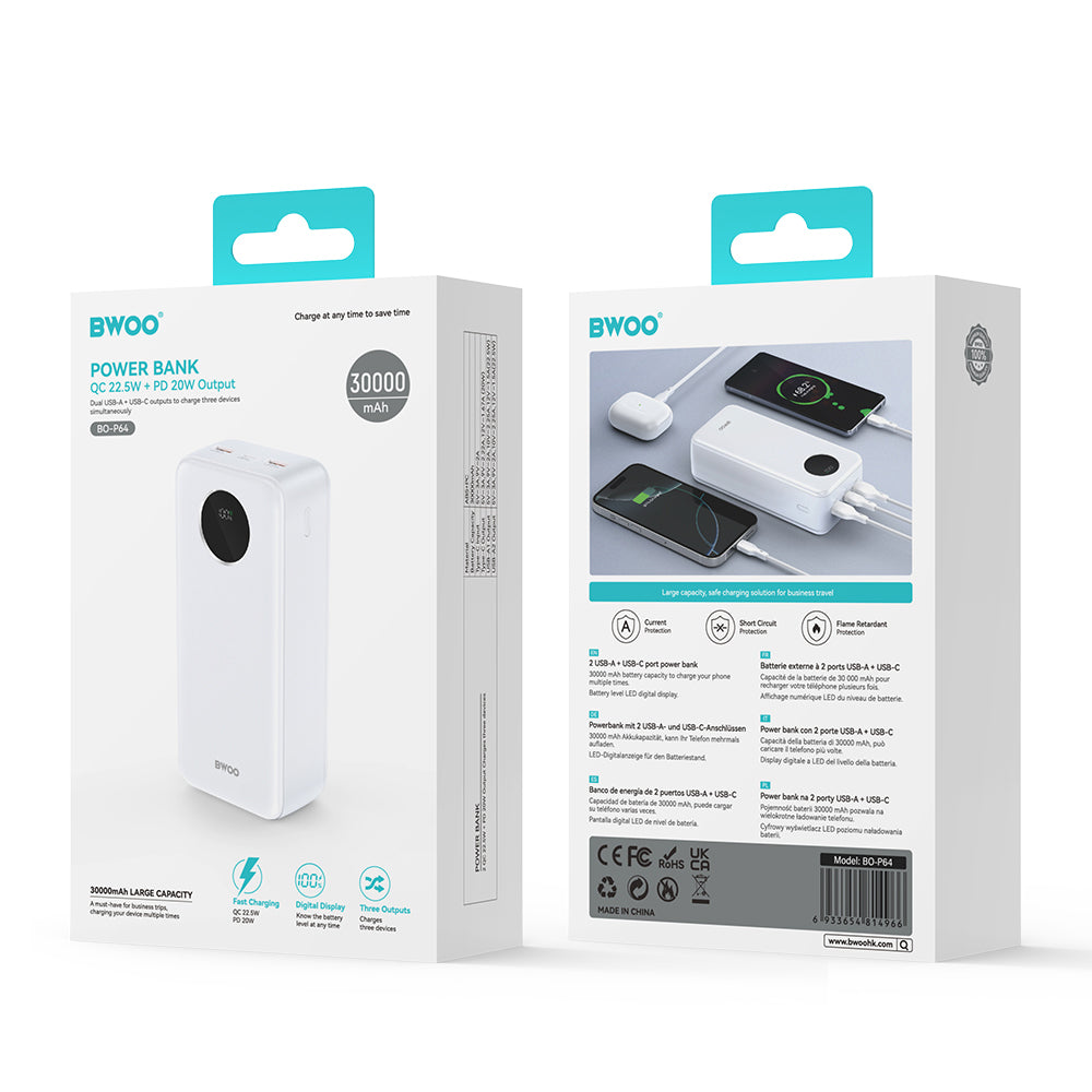 Batería Externa BWOO BO-P64, 30000mAh, 22.5W, QC + PD, 1 x USB-C - 2 x USB-A, Blanca