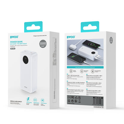 Batería Externa BWOO BO-P64, 30000mAh, 22.5W, QC + PD, 1 x USB-C - 2 x USB-A, Blanca