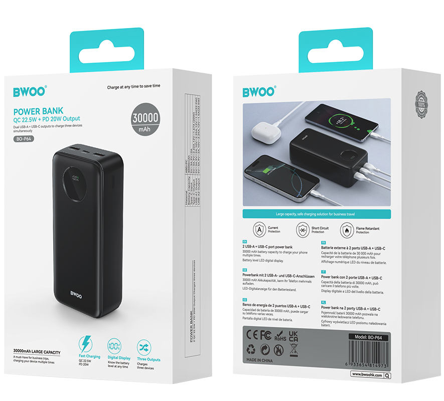 Batería Externa BWOO BO-P64, 30000mAh, 22.5W, QC + PD, 1 x USB-C - 2 x USB-A, Negra