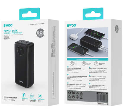 Batería Externa BWOO BO-P64, 30000mAh, 22.5W, QC + PD, 1 x USB-C - 2 x USB-A, Negra