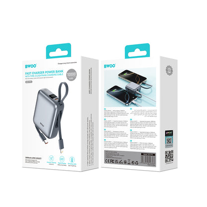 Batería Externa BWOO BO-P74, 10000mAh, 22.5W, PD, 1 x Lightning - 2 x USB-C, Negra