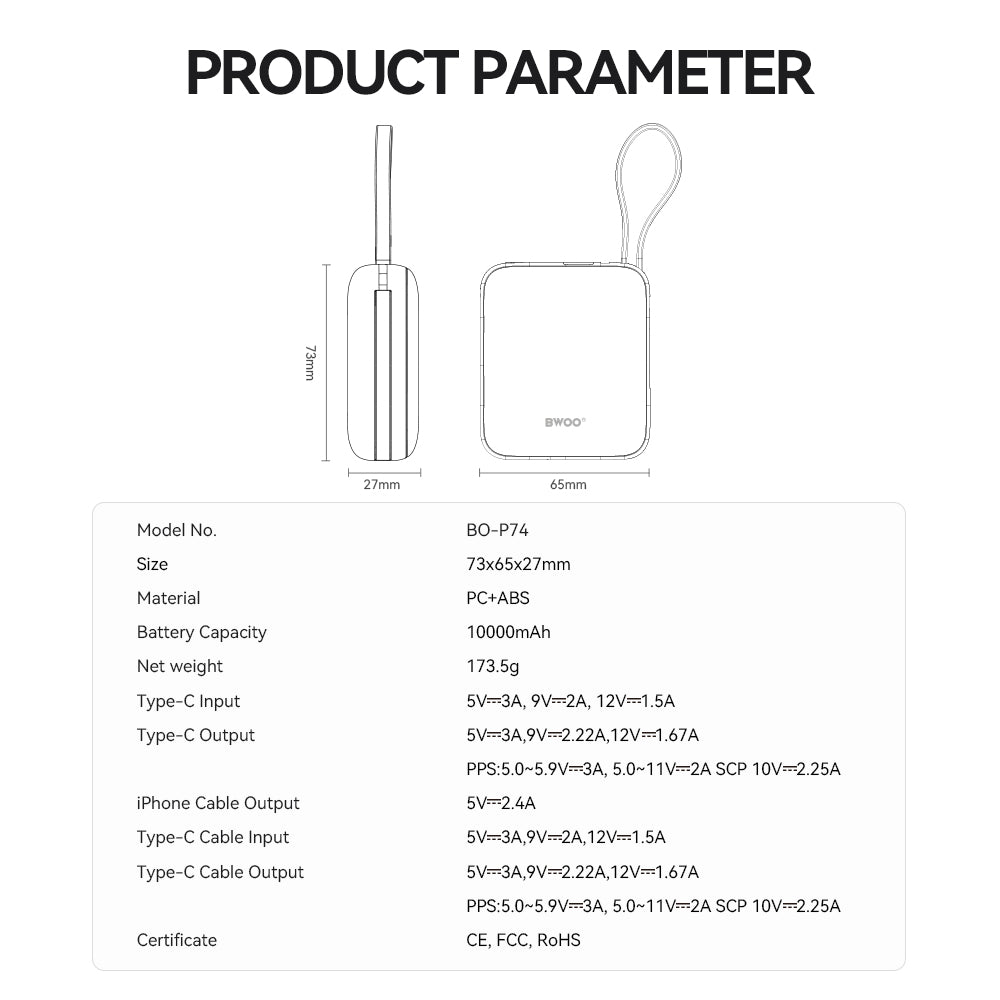 Batería Externa BWOO BO-P74, 10000mAh, 22.5W, PD, 1 x Lightning - 2 x USB-C, Negra