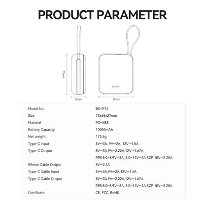 Batería Externa BWOO BO-P74, 10000mAh, 22.5W, PD, 1 x Lightning - 2 x USB-C, Negra
