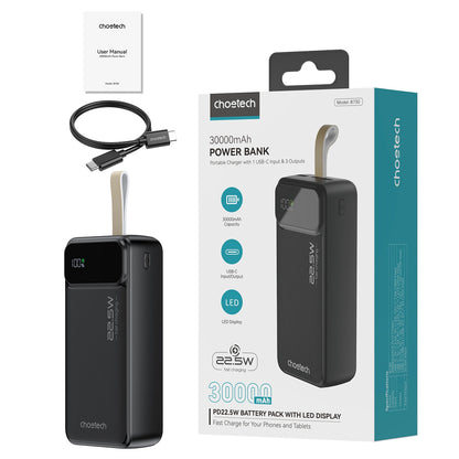 Choetech B730 Batería externa, 30000mAh, 22.5W, QC + PD, 1 x USB-C - 2 x USB-A, Negro 