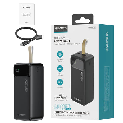 Choetech B731 Batería externa, 40000mAh, 22.5W, QC + PD, 1 x USB-C - 2 x USB-A, Negro 