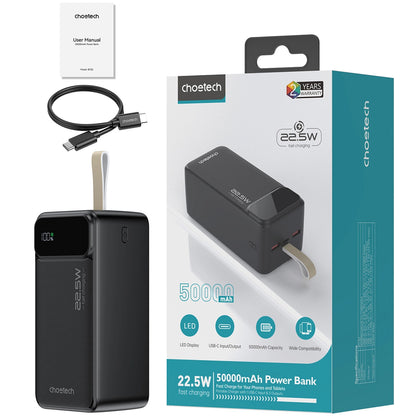 Choetech B732 Batería externa, 50000mAh, 22.5W, QC + PD, 1 x USB-C - 2 x USB-A, Negro 