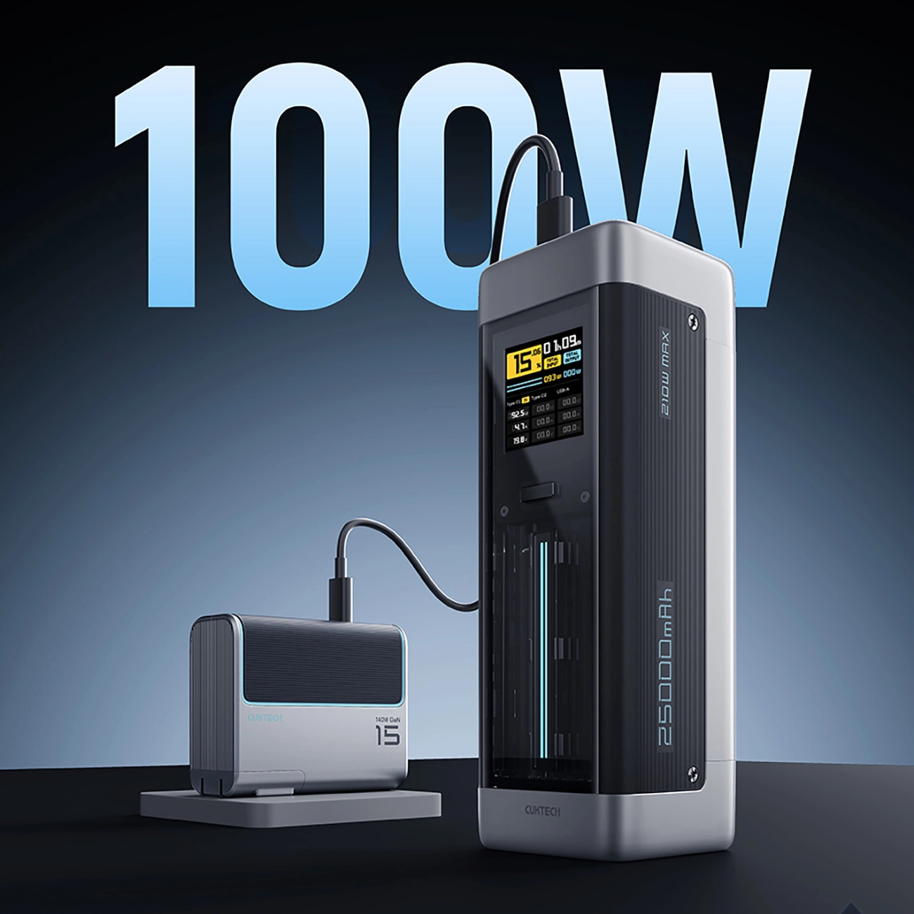 Batería Externa Cuktech, 25000mAh, 210W, QC + PD, 1 x USB-A - 2 x USB-C, Negra CUK00P23GLBK