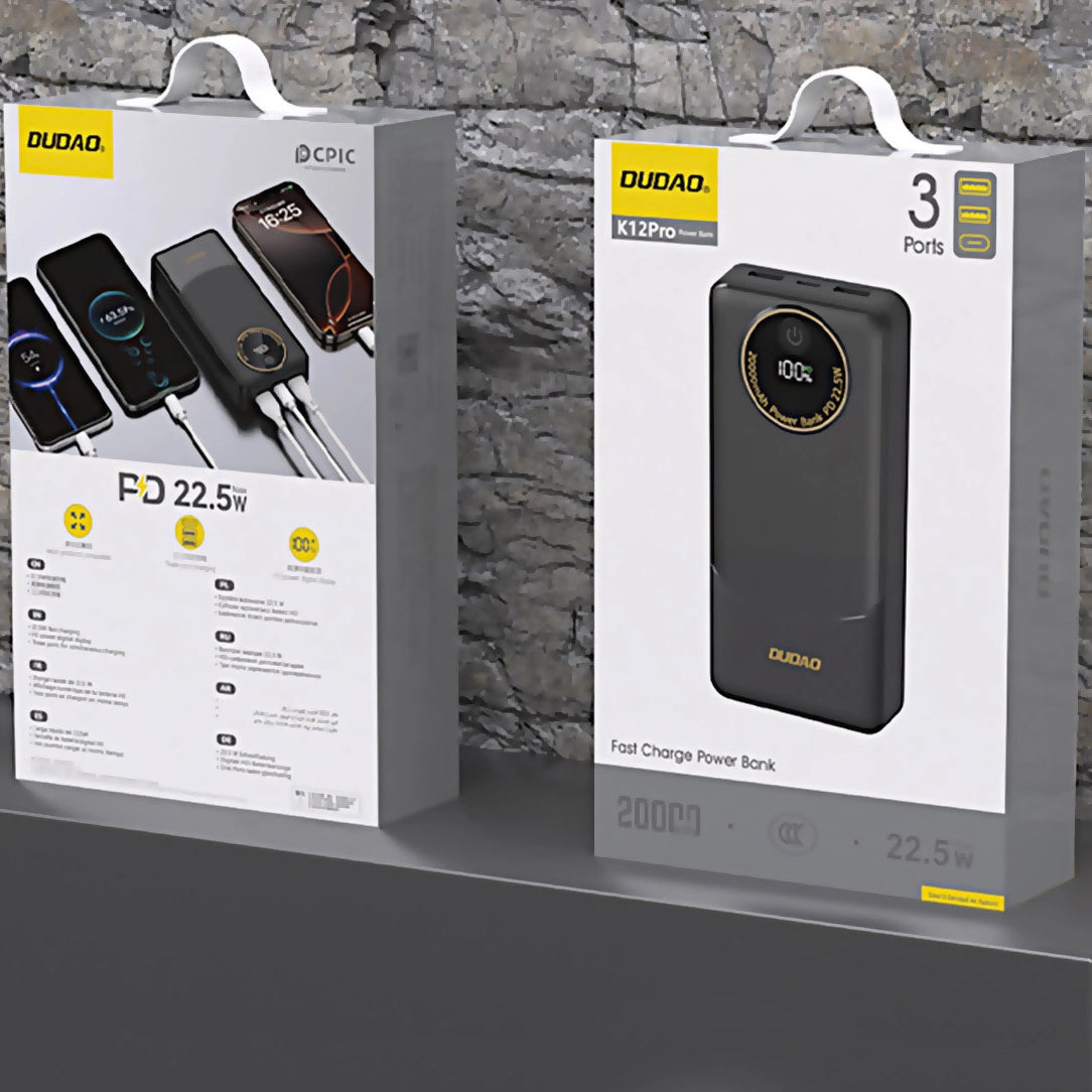 Batería Externa Dudao K12Pro, 20000mAh, 22.5W, QC + PD, 1 x USB-C - 2 x USB-A, Negra