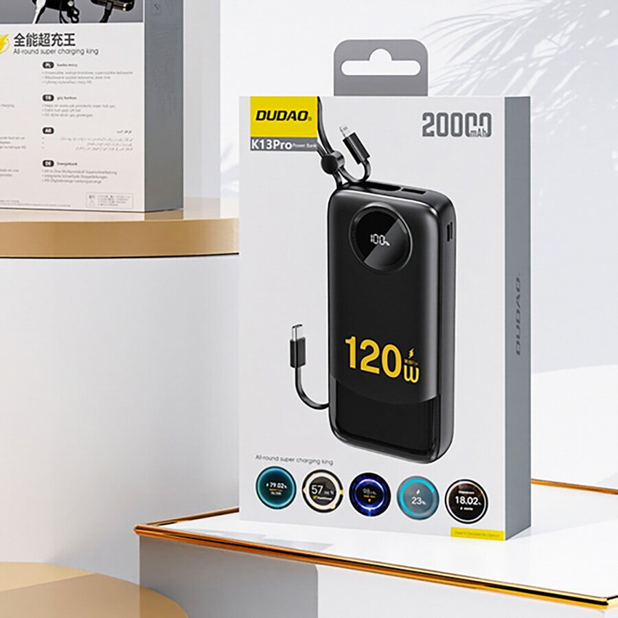 Batería Externa Dudao K13, 10000mAh, 22.5W, QC + PD, 1 x Lightning - 1 x USB-A - 2 x USB-C, Negra