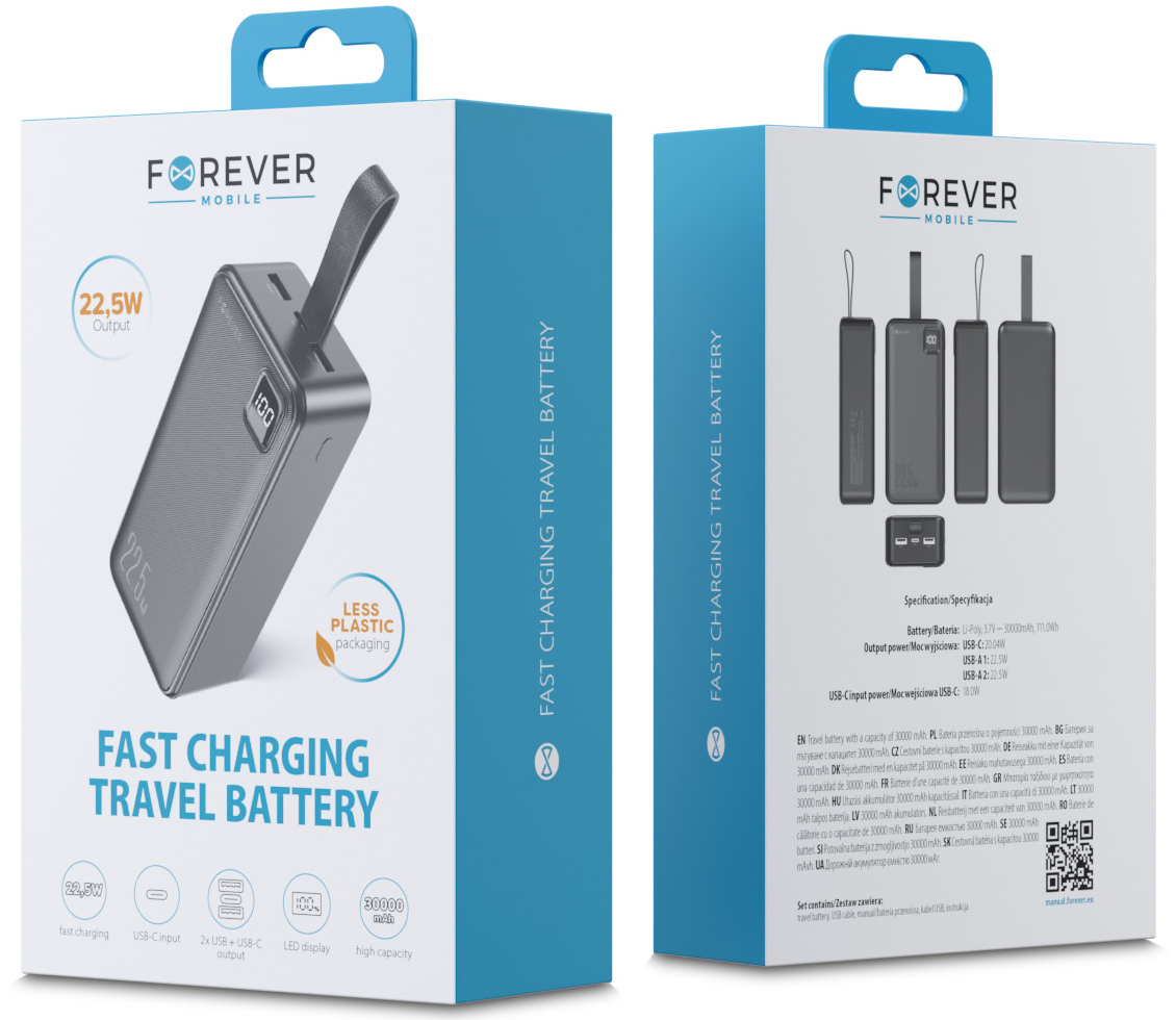 Batería externa Forever TB-300XL, 30000 mAh, 22,5 W, QC + PD, 1 x USB-C - 2 x USB-A, negra