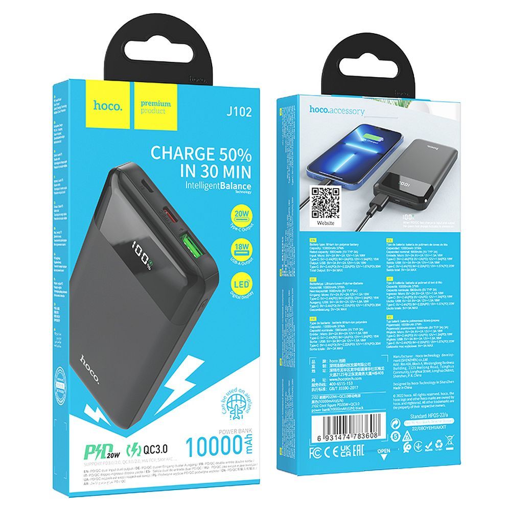 Batería Externa HOCO J102, 10000mAh, 20W, QC + PD, 1 x USB-A - 1 x USB-C, Negra