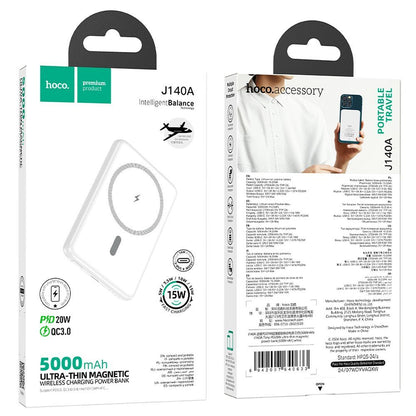 Batería Externa Inalámbrica HOCO J140A, 5000mAh, 20W, PD + QI, 1 x USB-C, Blanca