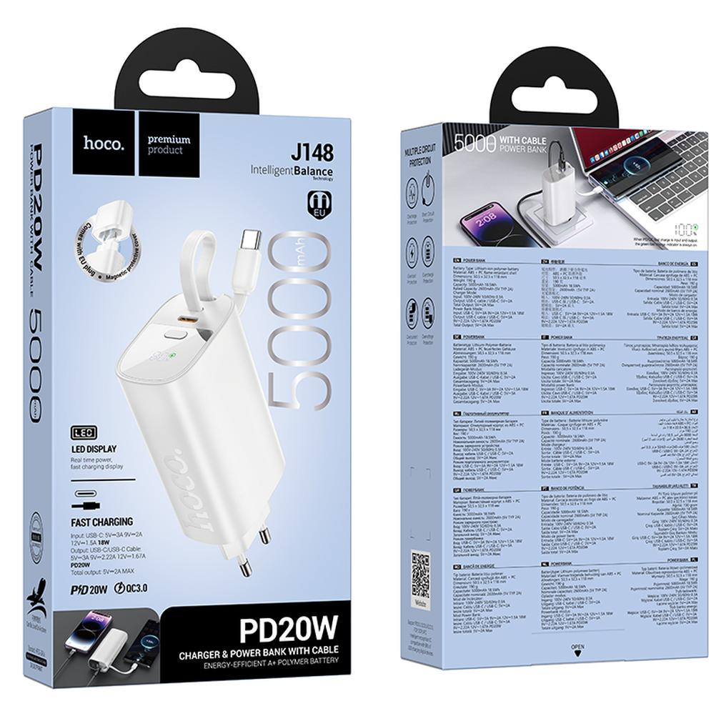 Batería externa HOCO J148 2 en 1, 5000 mAh, 20 W, PD, 2 x USB-C, blanca.