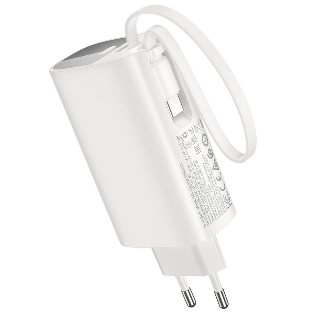 Batería externa HOCO J148 2 en 1, 5000 mAh, 20 W, PD, 2 x USB-C, blanca.
