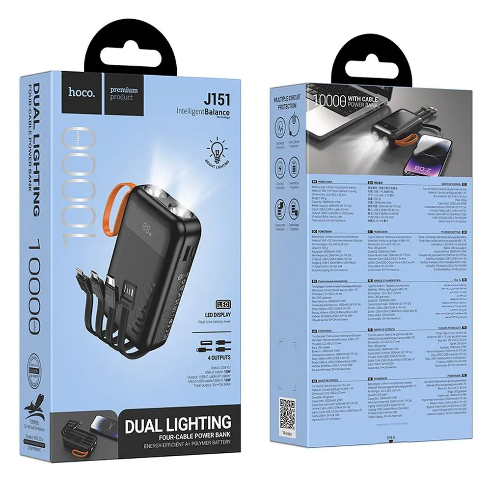 Batería Externa HOCO J151, 10000mAh, 10W, 1 x Lightning - 1 x microUSB - 1 x USB-A - 1 x USB-C, Negra
