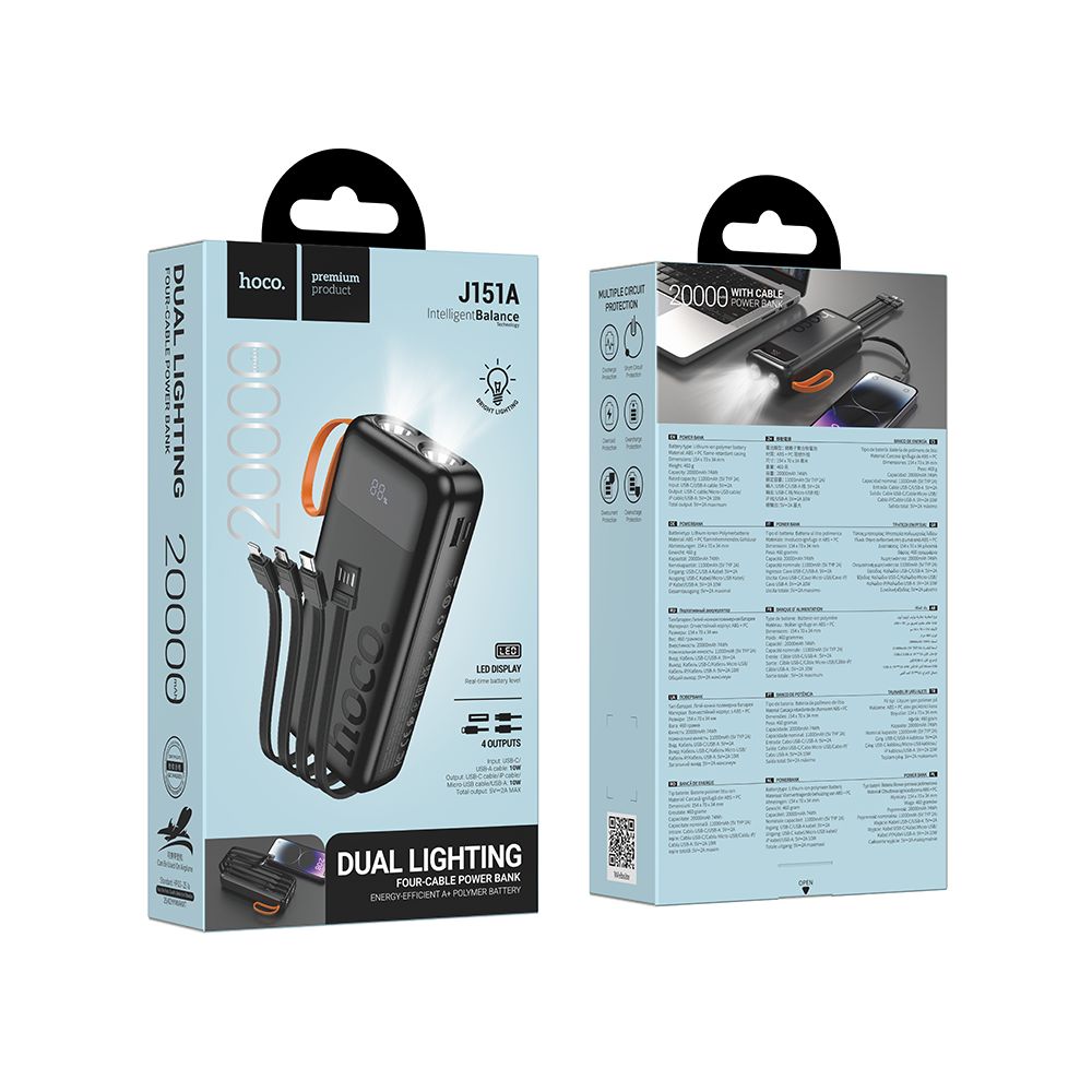 Batería Externa HOCO J151A, 20000mAh, 10W, 1 x Lightning - 1 x microUSB - 1 x USB-A - 1 x USB-C, Negra