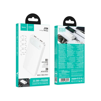 Batería Externa HOCO J154, 10000mAh, 22.5W, QC + PD, 1 x USB-C - 2 x USB-A, Blanca
