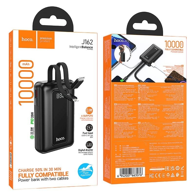 Batería Externa HOCO J162, 10000mAh, 22.5W, QC + PD, 1 x Lightning - 1 x USB-A - 2 x USB-C, Negra
