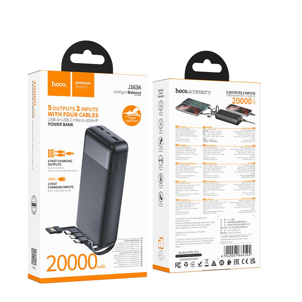 Batería externa HOCO J163A, 20000 mAh, 10 W, 1 x Lightning - 1 x microUSB - 1 x USB-C - 2 x USB-A, negra