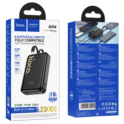 Batería Externa HOCO Q37A, 20000mAh, 22.5W, QC + PD, 1 x Lightning - 1 x USB-A - 2 x USB-C, Negra