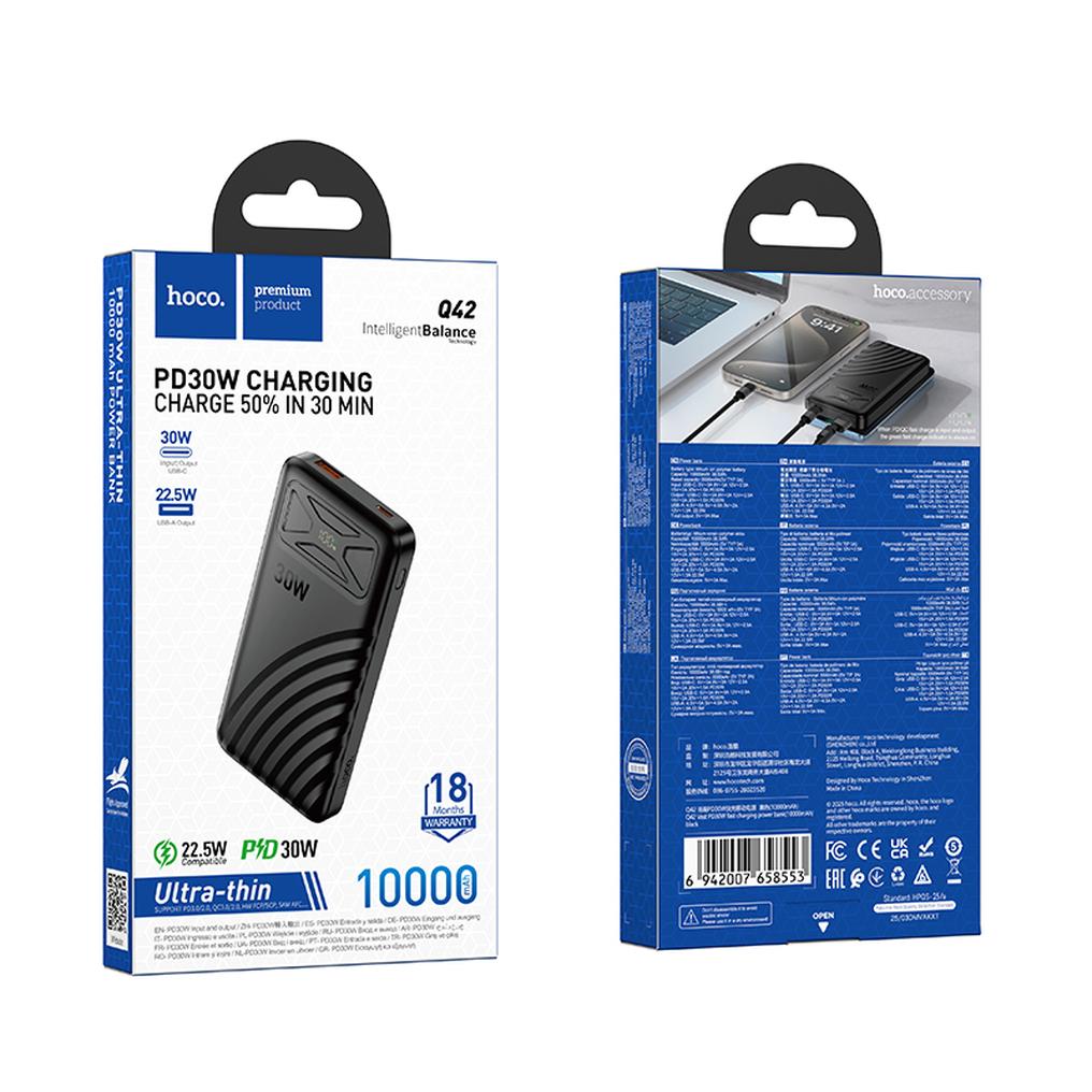 Batería externa HOCO Q42, 10000 mAh, 30 W, QC + PD, 1 x USB-A - 1 x USB-C, negra