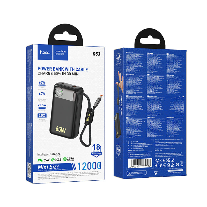Batería Externa HOCO Q53, 12000mAh, 65W, QC + PD, 1 x USB-A - 2 x USB-C, Negra