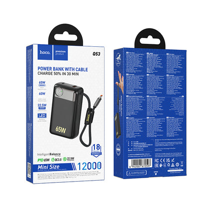 Batería Externa HOCO Q53, 12000mAh, 65W, QC + PD, 1 x USB-A - 2 x USB-C, Negra