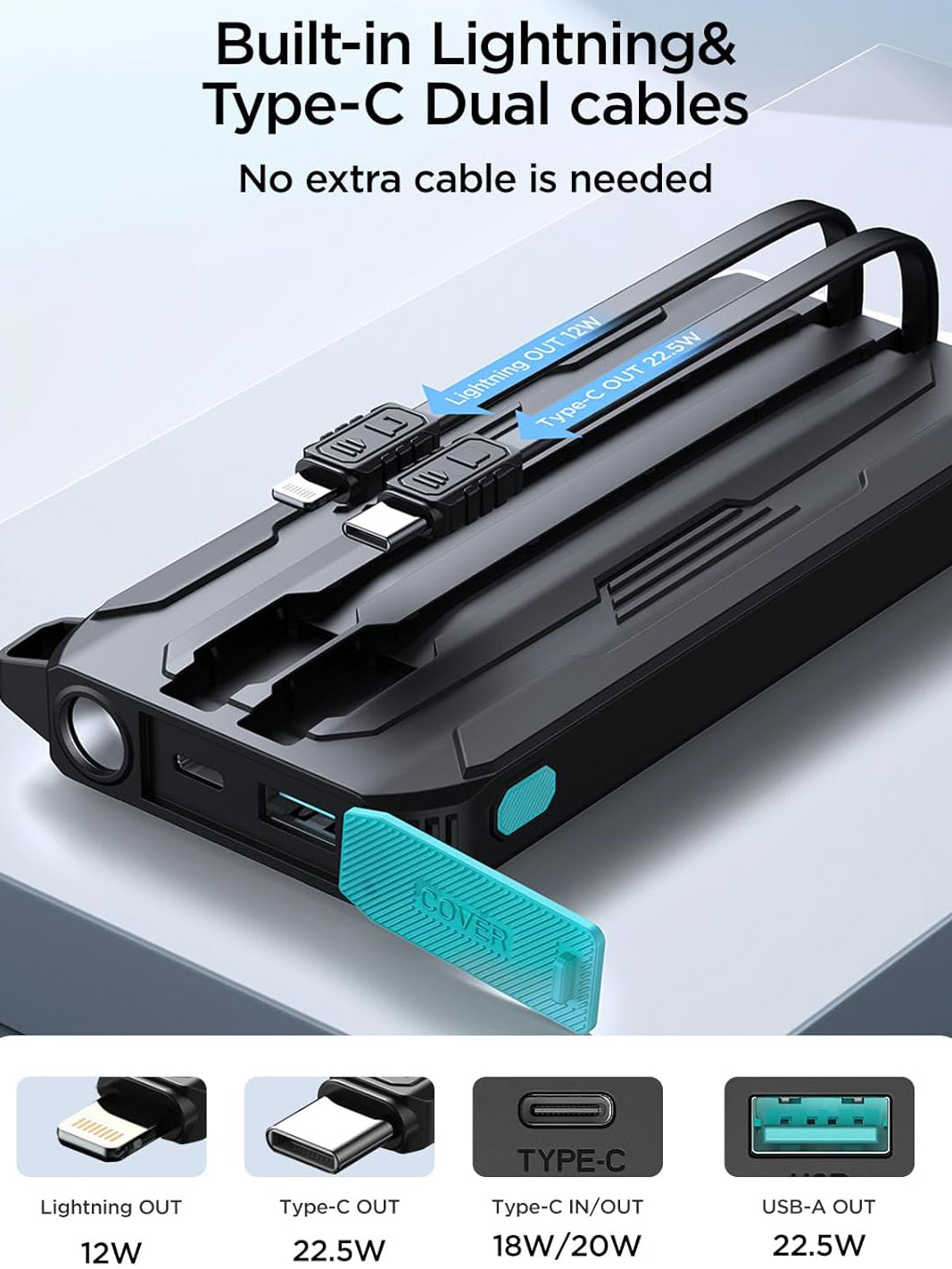 Batería Externa Joyroom JR-L017, 10000mAh, 22.5W, QC + PD, 1 x Lightning - 1 x USB-A - 2 x USB-C, Negra