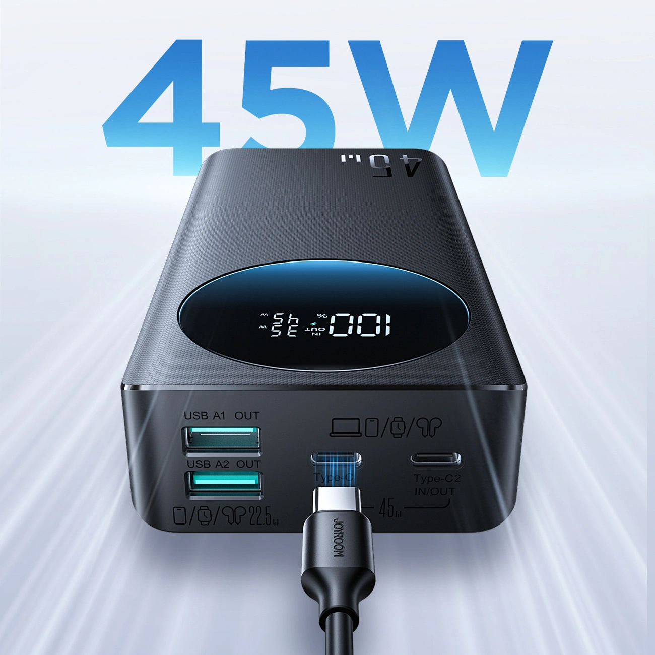 Batería Externa Joyroom JR-PBF02 Pro, 20000mAh, 45W, QC + PD, 2 x USB-A - 2 x USB-C, Negra