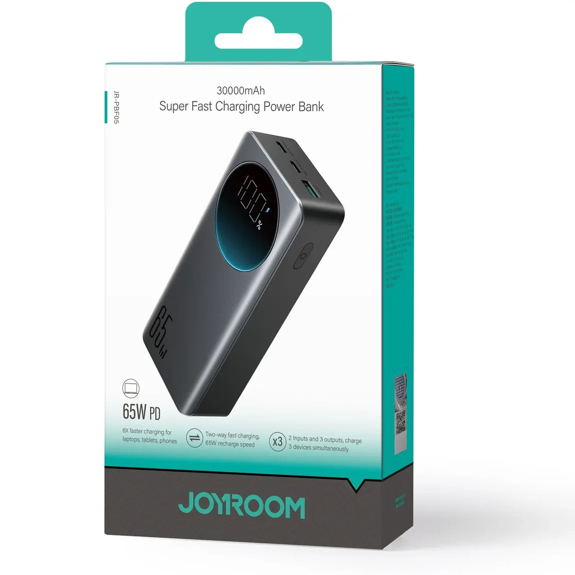 Joyroom Batería externa JR-PBF05, 30000mAh, 65W, QC + PD, 1 x USB-A - 2 x USB-C, Negro 