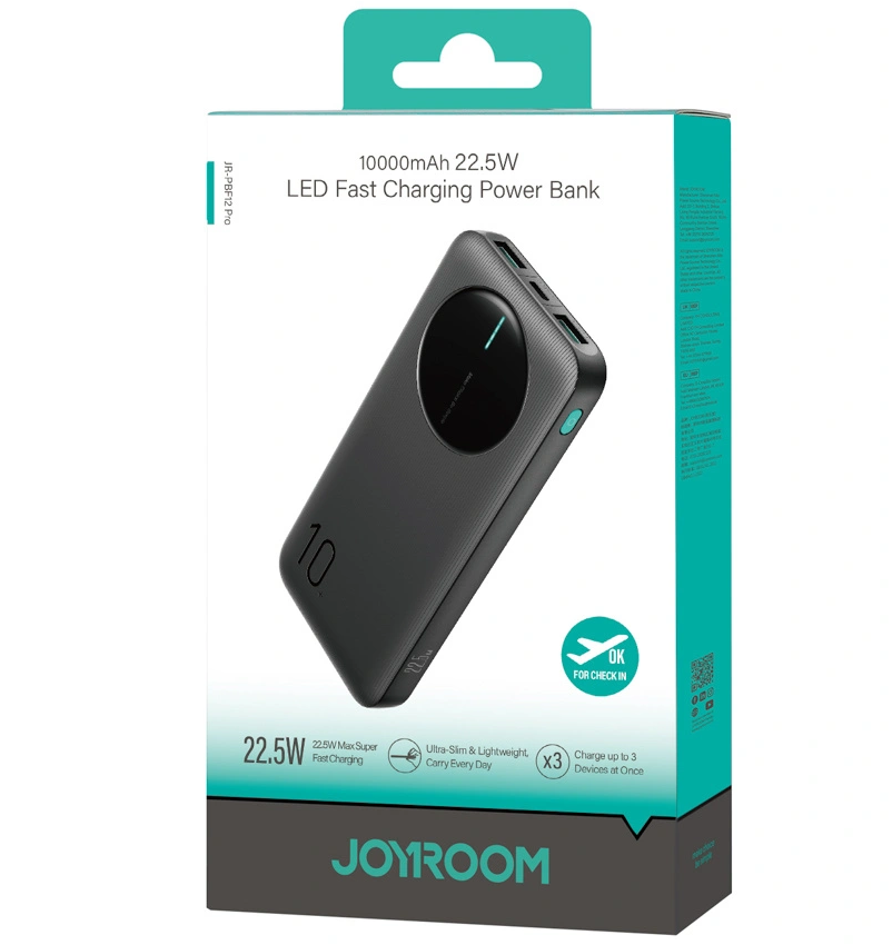 Batería Externa Joyroom JR-PBF12 Pro, 10000mAh, 22.5W, QC + PD, 1 x USB-C - 2 x USB-A, Negra