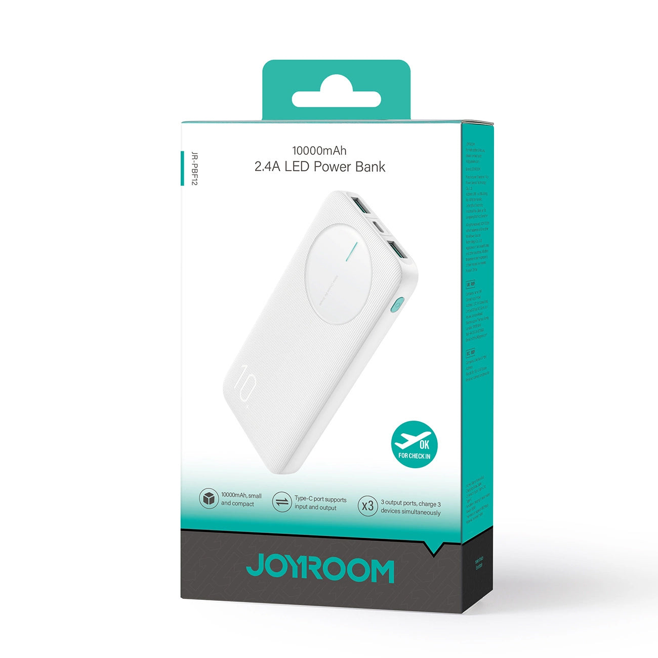 Joyroom JR-PBF12 External Battery, 10000mAh, 12W, 1 x USB-C - 2 x USB-A, White