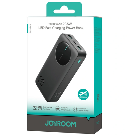 Batería Externa Joyroom JR-PBF14 Pro, 20000mAh, 22.5W, QC + PD, 1 x USB-C - 2 x USB-A, Negra