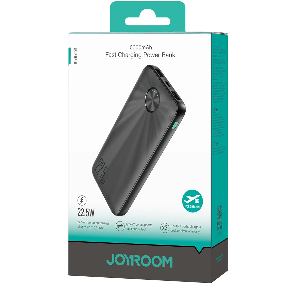 Batería externa Joyroom JR-PBF15, 10000mAh, 22.5W, QC + PD, 1 x USB-C - 2 x USB-A, Negro 