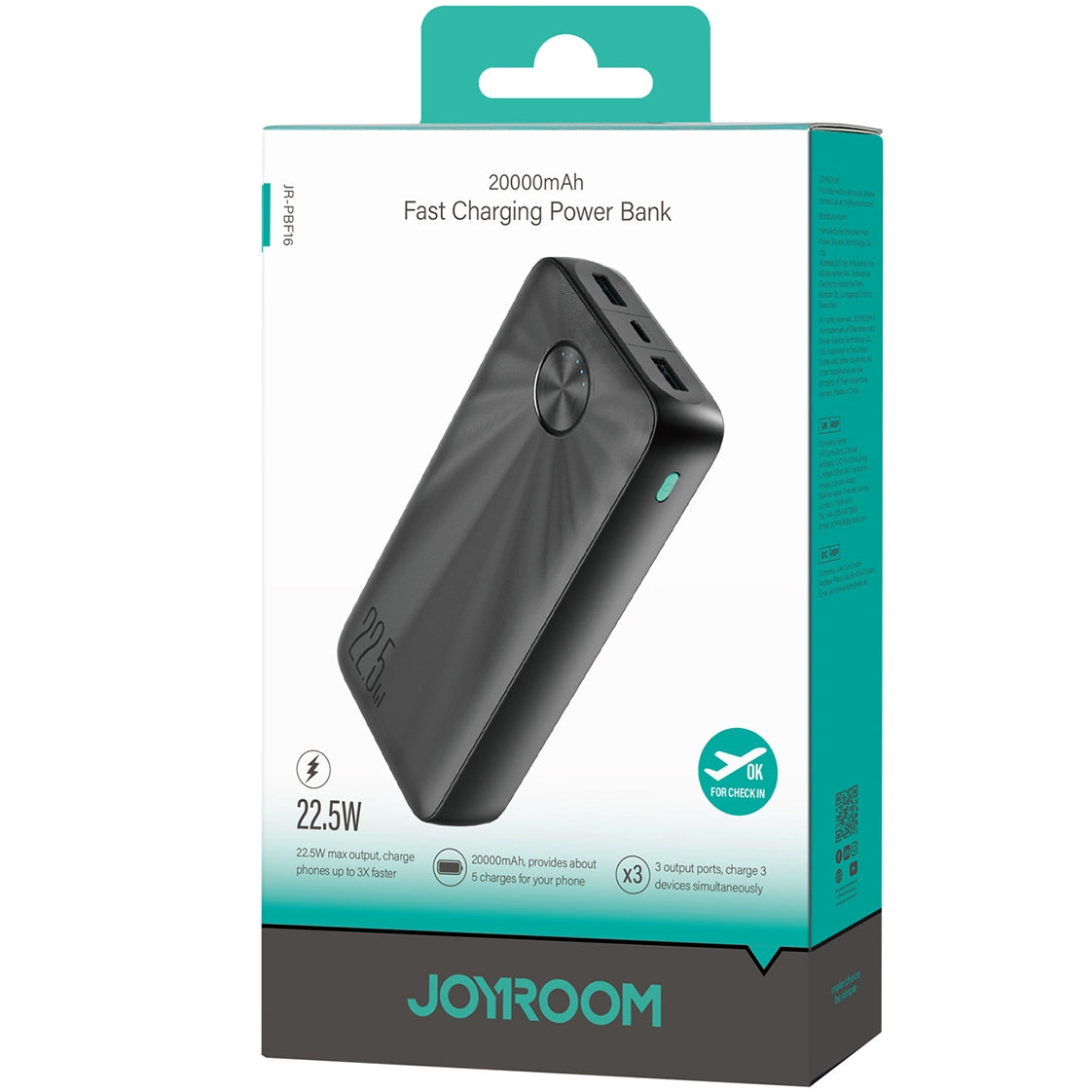 Joyroom JR-PBF16 Batería externa, 20000mAh, 22.5W, QC + PD, 1 x USB-C - 2 x USB-A, Negro 