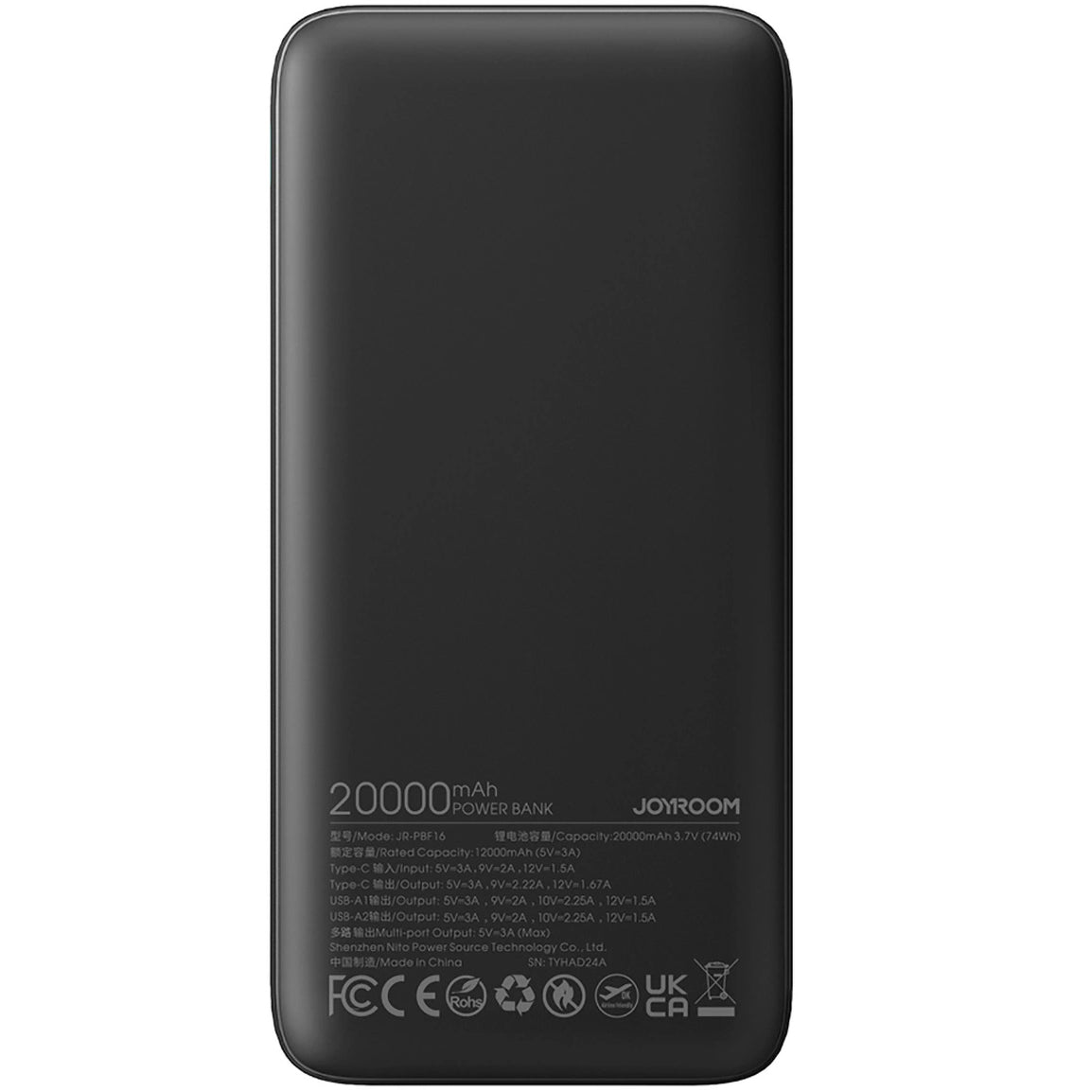 Joyroom JR-PBF16 Batería externa, 20000mAh, 22.5W, QC + PD, 1 x USB-C - 2 x USB-A, Negro 