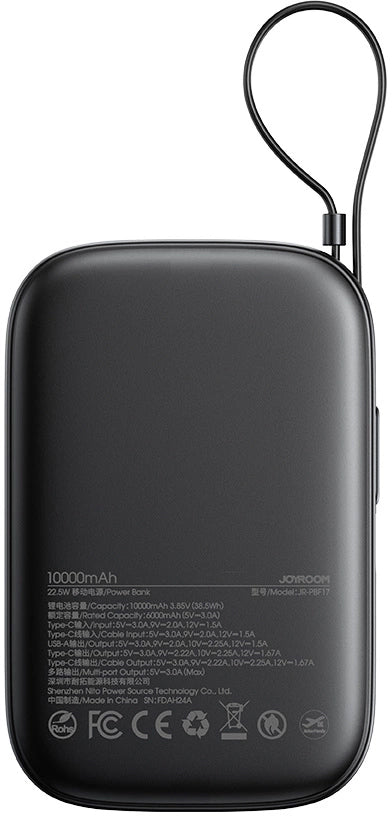 Batería Externa Joyroom JR-PBF17, 10000mAh, 22.5W, QC + PD, 1 x USB-A - 2 x USB-C, Negra