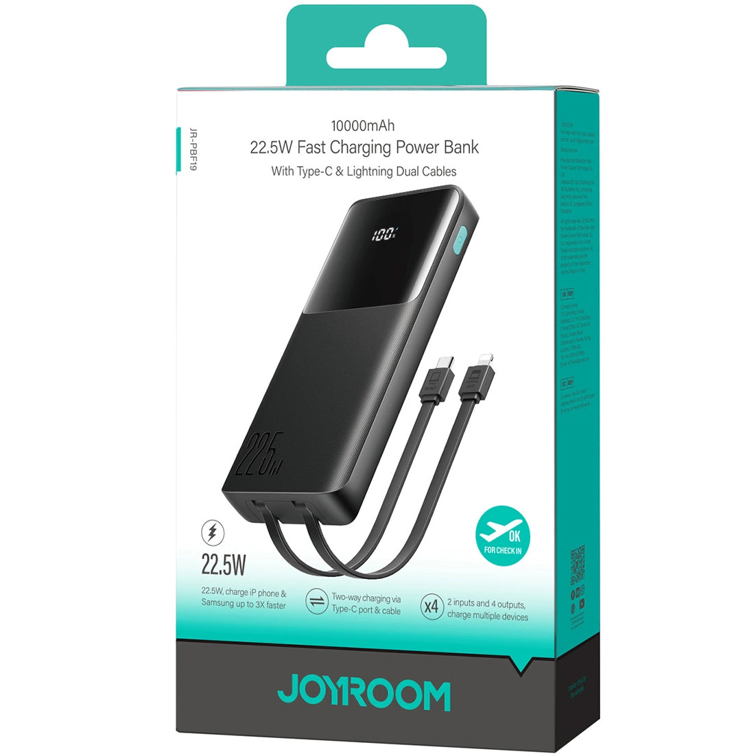 Batería Externa Joyroom JR-PBF19, 10000mAh, 22.5W, QC + PD, 1 x Lightning - 1 x USB-A - 2 x USB-C, Negra