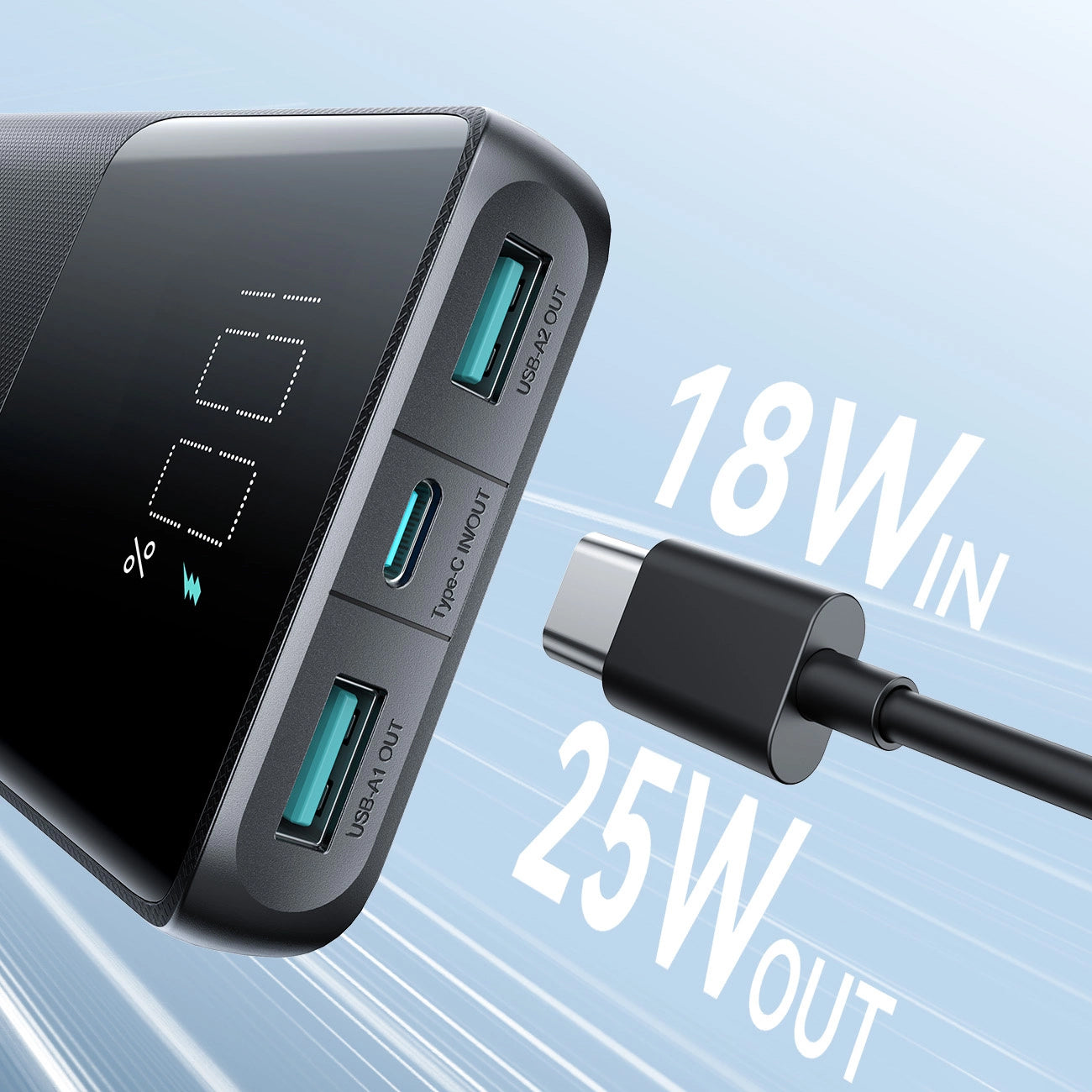 Batería Externa Joyroom JR-PBF20, 10000mAh, 25W, QC + PD, 1 x USB-C - 2 x USB-A, Negra