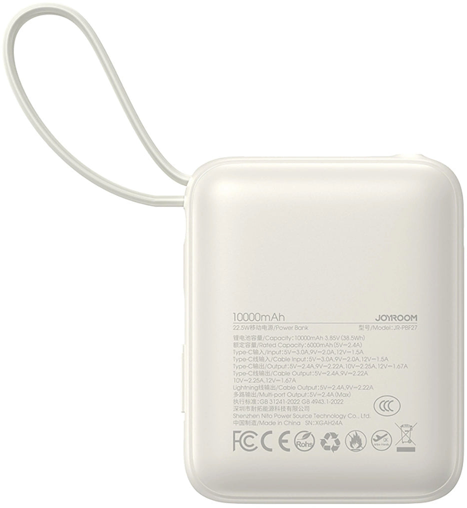 Batería Externa Joyroom JR-PBF27, 10000mAh, 22.5W, PD, 1 x Lightning - 2 x USB-C, Blanca