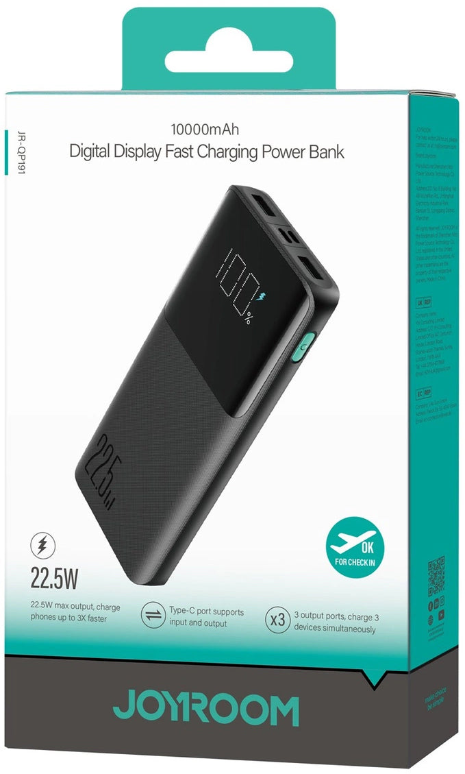 Batería Externa Joyroom JR-QP191, 10000mAh, 22.5W, QC + PD, 1 x USB-C - 2 x USB-A, Negra
