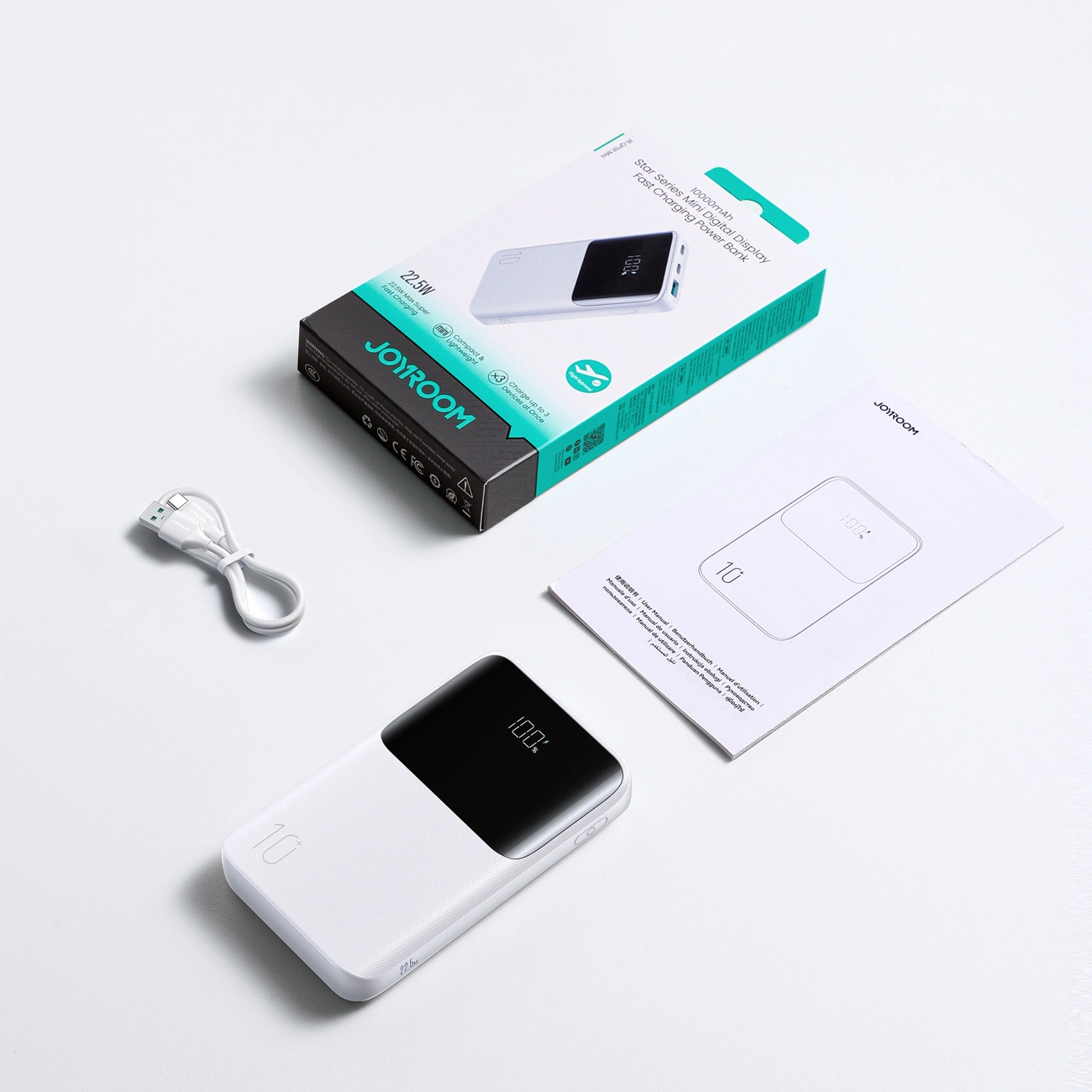 Batería Externa Joyroom JR-QP191, 10000mAh, 22.5W, QC + PD, 1 x USB-A - 2 x USB-C, Blanca